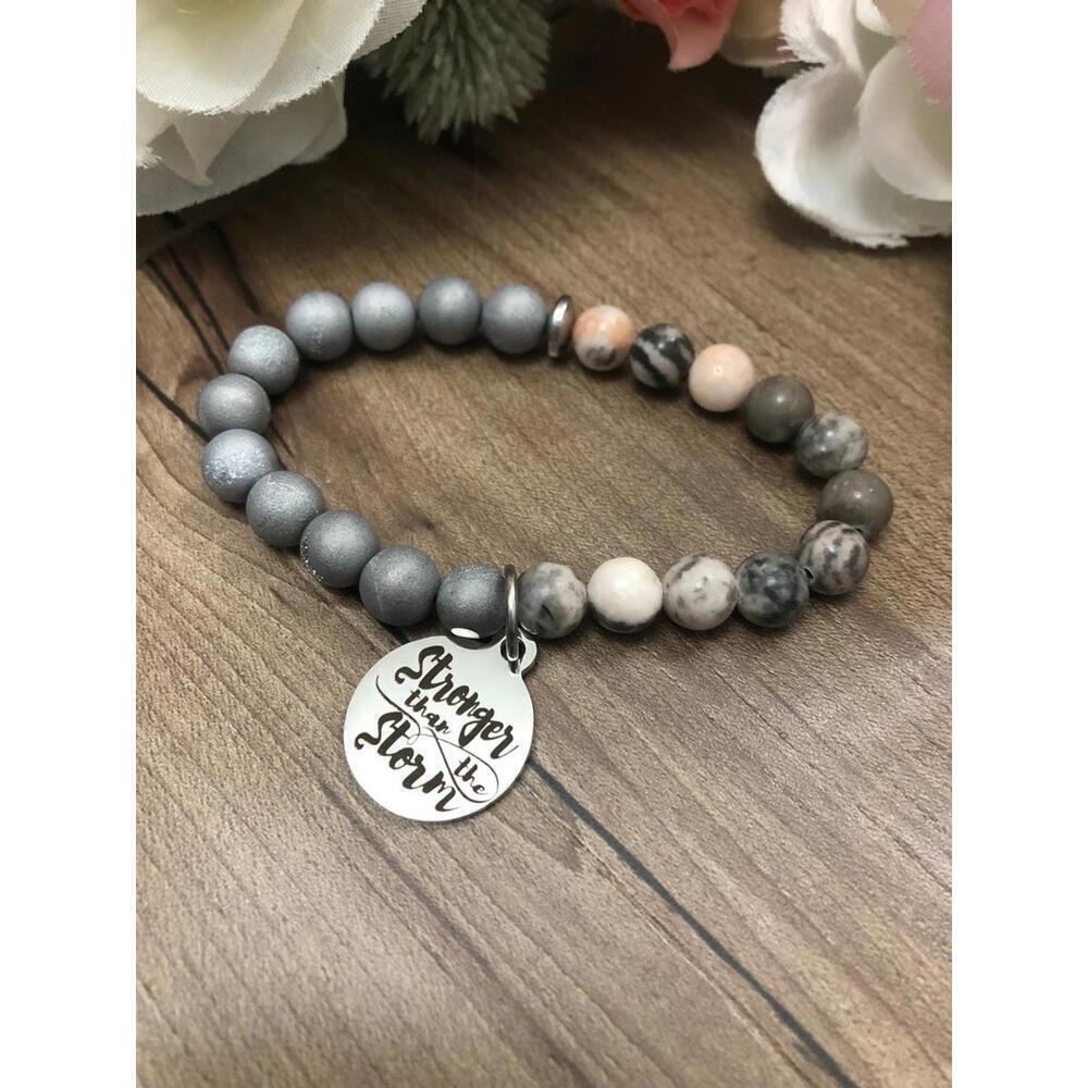 Stronger then the Storm - Agate druzy & pink zebra jasper gemstone Mala Bracelet